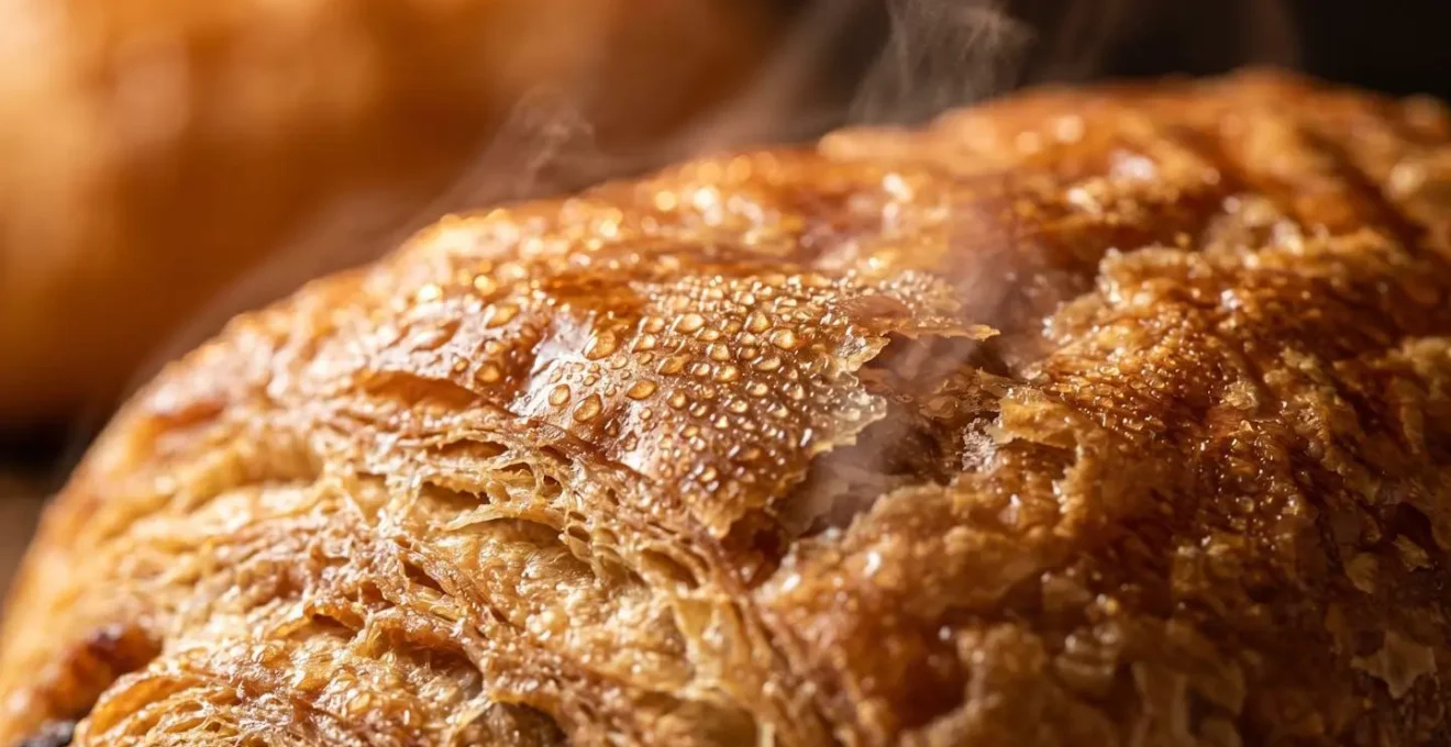 Micro-gouttelettes de vapeur sur croûte de viennoiserie dorée capturées pendant la régénération