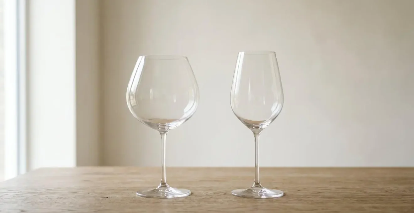Comparaison visuelle entre un verre à Bourgogne ballon et un verre à Bordeaux tulipe sur fond minimaliste
