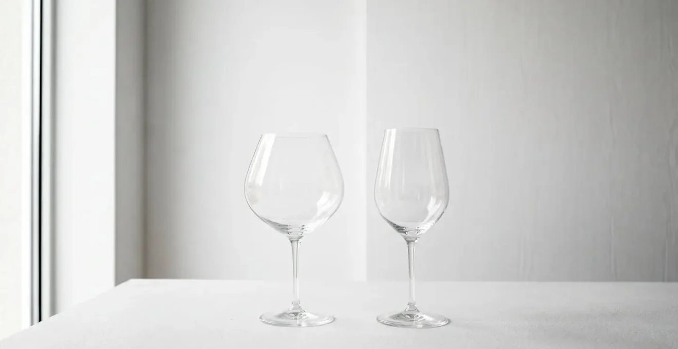 Deux verres à vin en cristal côte à côte montrant les silhouettes contrastées ballon et tulipe sur fond minimaliste