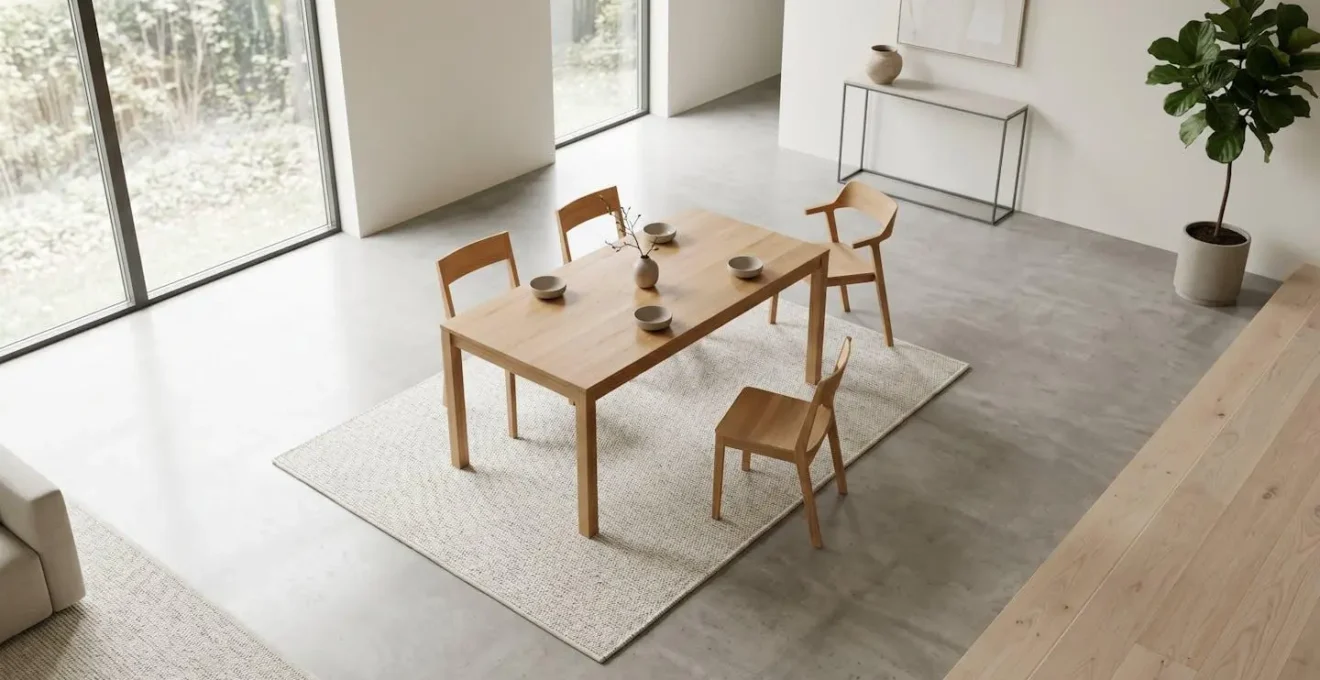Vue aérienne minimaliste d'une salle à manger montrant l'espace de circulation optimal autour d'une table avec chaises