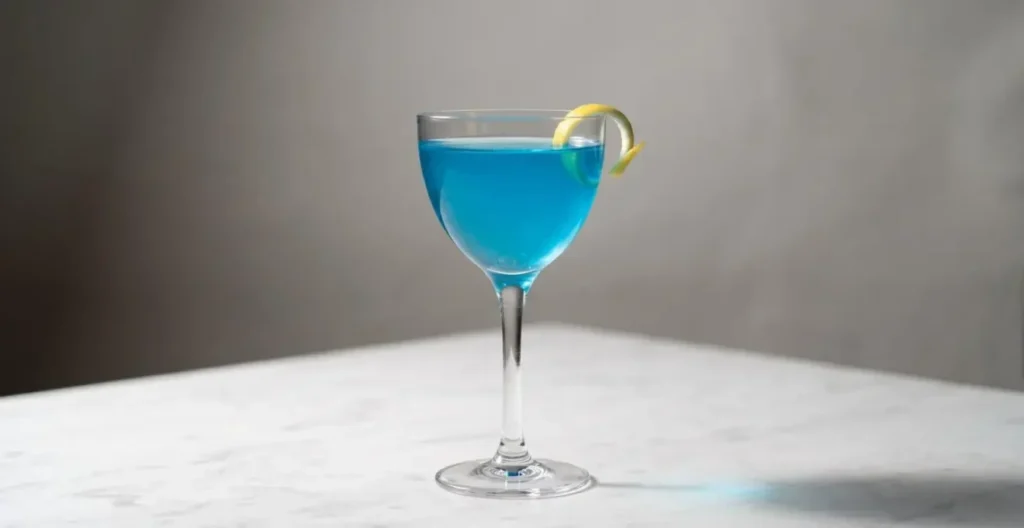Blue Lagoon servi dans une coupe élégante Nick & Nora sur fond épuré avec éclairage dramatique Blue Lagoon servi dans une coupe élégante Nick & Nora sur fond épuré avec éclairage dramatique